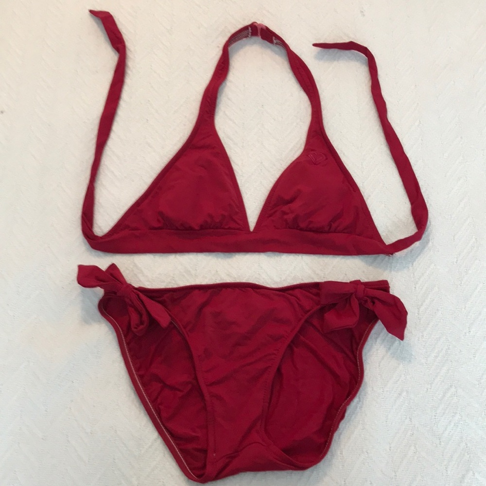 ROXY red triangle bikini with matching bow bottoms